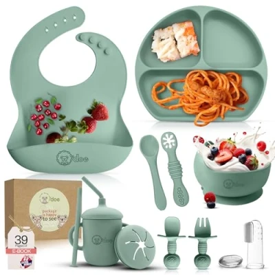 Image of O&#039;doe 11 Piece Baby Led Weaning Feeding Supplies for Toddlers, Set Suction Silicone Bowl Self Eating Utensils with Spoons, Bibs, Toddlers Spoon Set, Food Plate Kit Green V1