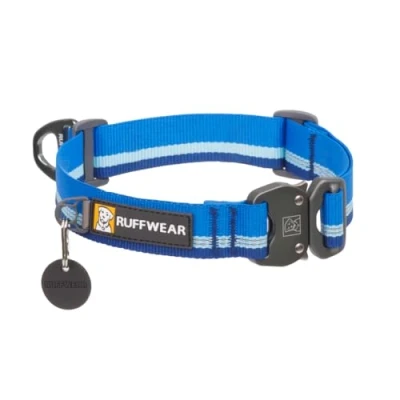 Image of Ruffwear Top Rope Small Dog Collar, Reflective Pet Collar with Aluminum V ring Lead Attachment &amp; Metal Buckle, Comfortable Strong Webbing for Walking, Size S (28 30cm), Blue Pool