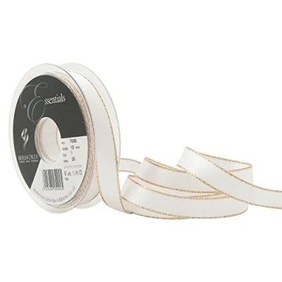 Image of Berisfords Gold Edge Satin Ribbon, White, 15 mm