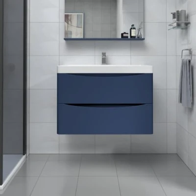 Image of NRG Wall Mounted Vanity Sink Unit Basin Bathroom Drawer Storage Furniture 800mm Matt Blue