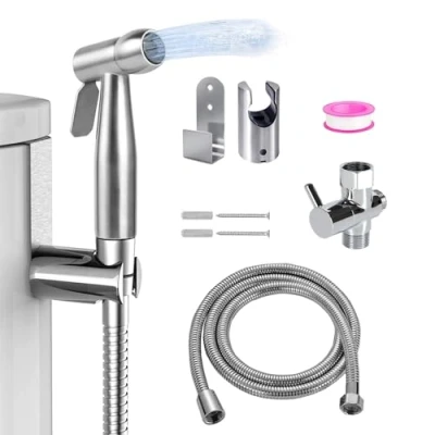 Image of Handheld Bidet Sprayer Kit Stainless Steel Douche Muslim Shower Spray with Hose Holder Valve for Toilet Cleaning, Pet Bath, Personal Hygiene (Includes T Adapter)