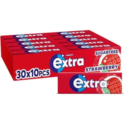 Image of Wrigley&#039;s Extra Sugarfree Chewing Gum, Refreshing Strawberry Flavour, Freshens Breath, with Xylitol, Helps Oral Hygiene for Healthy Teeth and Gums 30 x 10 Packs Sold by Essential Products