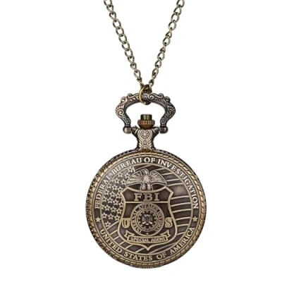 Image of JewelryWe Retro Pocket Watch The United States FBI Quartz Pendant Necklace for Men Women