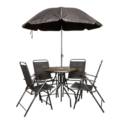 Image of Samuel Alexander Outdoor 4 Seater Round Glass Top Table and Chairs Patio Set with Parasol in Black