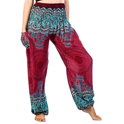 Image of Lofbaz Harem Pants for Women Hippie Boho Festival Clothing Bohemian Trousers Yoga Beach Summer Smocked Waist with Pockets Rose 1 Burgundy L