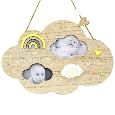 Image of Cloud Shaped 2 Aperture Keepsake Baby Photo Frame Wooden Hanging Newborn Picture New Memories