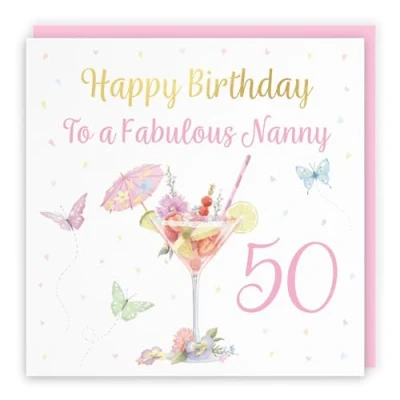 Image of Hunts England 50th Nanny Pink Cocktail And Butterflies Birthday Card Luxury Gold Foil Milo&#039;s Gallery Age 50 Drinks, Flowers, Hearts Elegant For