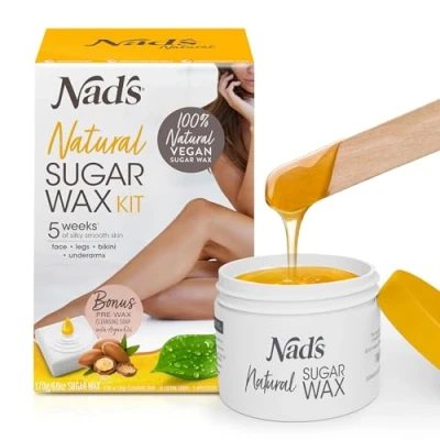 Image of Nad&#039;s 100% Natural Sugar Wax Kit, Vegan, Hypoallergenic, No heat Formula Waxing Paste, Includes 6 Wooden Spatulas, 10 Reusable Cotton Strips, 1 Pre Cleansing Soap &amp; 170g