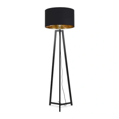 Image of Black Wood Tripod Floor Lamp with Black/Gold Drum Lampshade Living Room Light