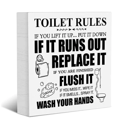 Image of Toilet Rules Wood Box Sign Block Plaque, Bathroom Quote Sign, Home Desk Shelf 5 X Inches