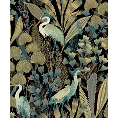 Image of Grandeco Tropical Crane Black Textured Wallpaper