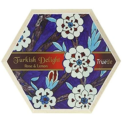 Image of Truede Rose &amp; Lemon Flavour Turkish Delight (250g) Hand Made, Dusted Vegan and in Hexagonal Wooden Box (Rose Flavour)