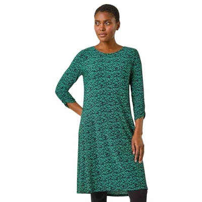 Image of Roman Originals Tunic Dress with Pockets for Women UK Ladies Swing Fit &amp; Flare Skater Slouch Stretchy Casual Smart Winter Jersey Pull On Relaxed Work Office 3/4 Long Sleeves Green Black Size 20