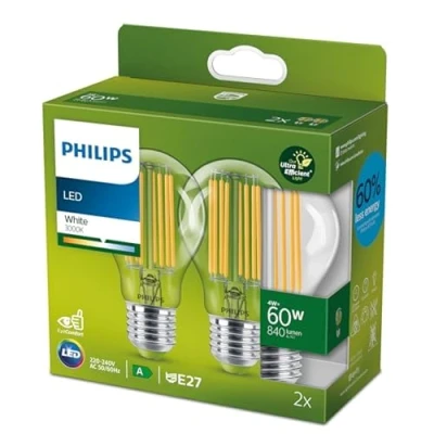 Image of PHILIPS LED Ultra Efficient Light Bulb 2 Pack A Label Energy Rating [White 3000K E27 Edison Screw] 60W A60 Clear. for Home Lighting., 929003066791