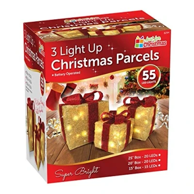 Image of ADEPTNA New set of 3 Christmas Light Up Glitter Parcels Box Illuminated Presents Xmas Decoration Gift Battery Operated 55 LED Super Bright (YELLOW &amp; RED)