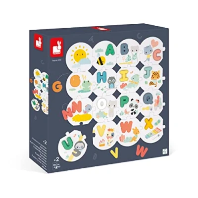Image of Janod Pure My First Puzzle 28 Piece + 26 Wooden Letters Alphabet Early Learning Toy 24 Months +, J08045, Multicolor