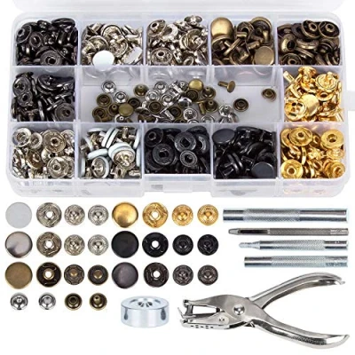 Image of 146 Set Snap Fasteners Kit + Leather Rivets, Buttons Press Studs, Double Cap Rivet with Fixing Tools for Leather, Coat, Down Jacket, Jeans Wear, Bags, DIY Craft, Shoes, Belts Repair &amp; Decoration