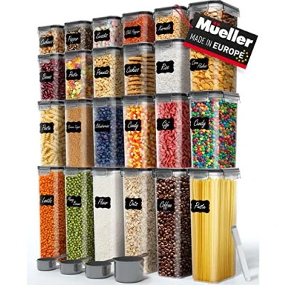 Image of Mueller Air Tight Storage Food Container Set with Lids 24 Piece, Kitchen &amp; Pantry Organization and Storage, Dishwasher, Freezer Microwave Safe Labels, 4 Measuring Cups Marker, Dark Grey