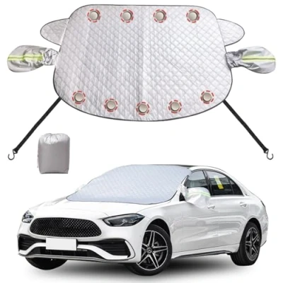Image of KUKKUME Car Windscreen Cover Frost Thickened Ice Snow Protector for Winter Windshield Sunshade with Magnetic Edges Reflective Side Mirror and Elastic Straps Hooks Cars Suvs