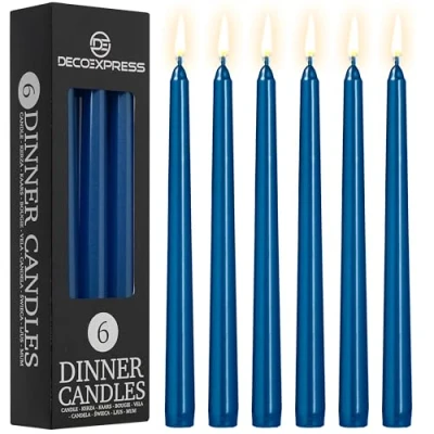 Image of DECO EXPRESS Candles Set Classic Dripless Tapered Metallic Unscented 8H Burning Time, Decorative Dinner for Restaurant Home Christmas, Variety of Packs &amp; Colours (Metallic Blue 6 Pack)