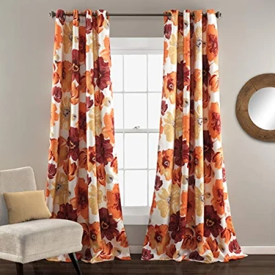 Image of Lush Decor Leah Room Darkening Window Curtain Panel Pair Floral Insulated Grommet, 52&quot; W x 95&quot; L, Red &amp; Orange