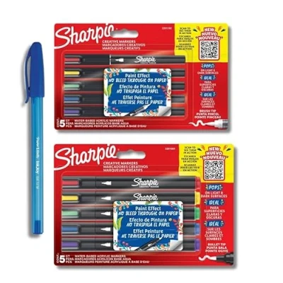 Image of Sharpie Creative Marker Acrylic Paint Pens Water Based Markers No Bleed Ink Writes on Most Surfaces Brush Tip &amp; Bullet 2 x 5 Count + PaperMate Pen Gift