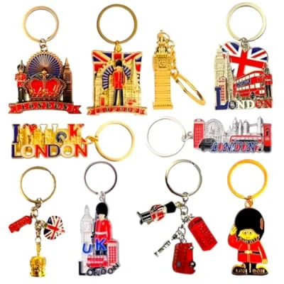 Image of Bells Box 10 London Keyrings, England British Souvenir Key Chain, Union Jack Ring