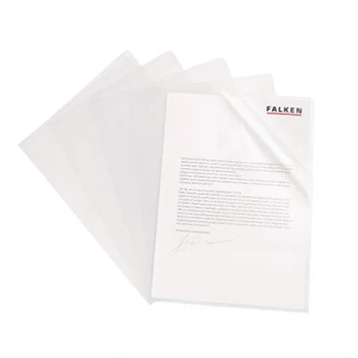 Image of Original Falken 100 pack Economy PP plastic file covers. for DIN A4 transparent grained colourless cover open at top and sides office mobile organisation.