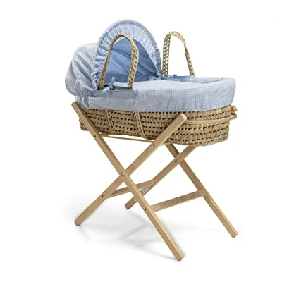 Image of Clair de Lune Waffle Palm Moses Basket with Natural Folding Stand 75 x 28 cm (Blue)