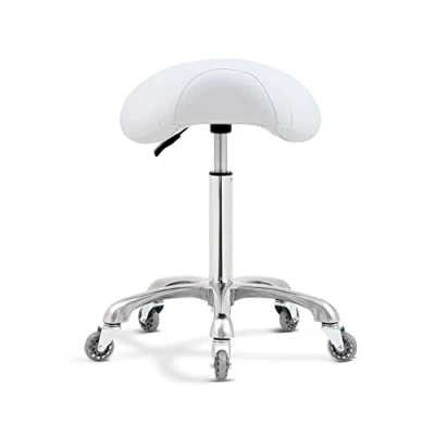 Image of Antlu Saddle Stool Chair for Massage Clinic Spa Salon Cutting, Rolling with Wheels Adjustable Height (White)