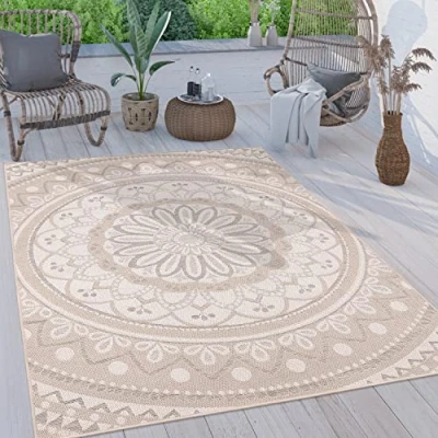 Image of Paco Home Outdoor Rug For Garden Area Living Room Kitchen Moroccan Pattern Modern Aztec Mandala, Size:120x160 cm, Colour:Apricot