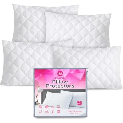 Image of I&amp;S HOME White Pillow Protectors 4 Pack 50x75cm Quilted Zipped Protectors, Hypoallergenic Breathable Soft Covers Zippered Cases (Quilted of 4)