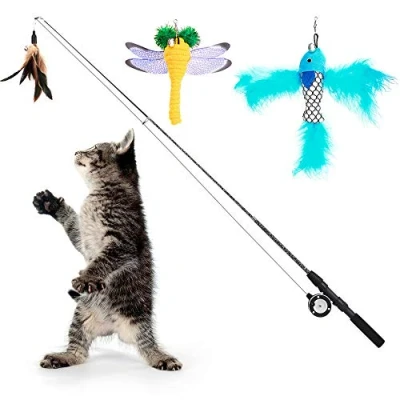 Image of Pawaboo Cat feather Toys, 4 Pack Interactive Teaser Wand Retractable Fishing Pole Catcher Exerciser with Refill Fish, Dragonfly Worm Bells, Fun Kitten Kitty Playing Toy