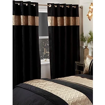 Image of Rapport Capri Eyelet Ring Top Header Curtain Pair Black Gold 66x72 Velvet