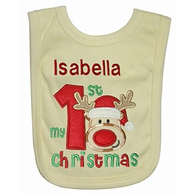Image of Baby 1st Personalised Reindeer Applique Christmas Bib. (Lemon)