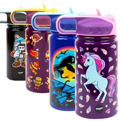 Image of Fringoo 350ml Toddler Water Bottle Insulated Stainless Steel and Straw Fliptop Durable Cool Design Diamond Unicorn