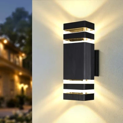 Image of CHENBEN Outdoor Wall Lights Mains Powered IP65 Front Door Lights,Modern Square Outside Lights,Waterproof up Down Lights,External for House Porch Garden,with GU10 Bulbs,Black