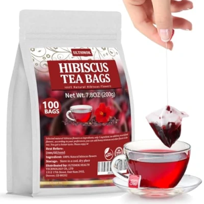 Image of ULTHMOK Premium Hibiscus Tea Bags,100 Bags/7.06 Oz,100% Pure Dried Flower,Natural &amp; No Additives,Caffeine Free.