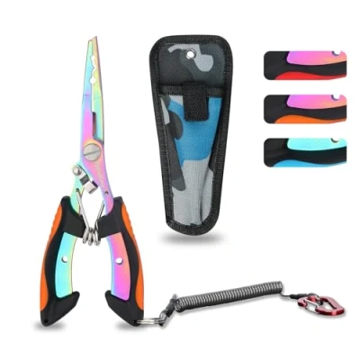 Image of supregear Fishing Pliers, Multi Colored Stainless Steel Tools with Split Ring, Fish Hook Remover, Line Cutter, Sheath, Lanyard, Saltwater Resistant Gear, Orange
