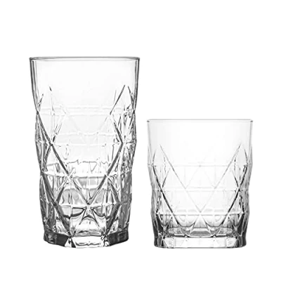 Image of LAV Keops Art Deco Glassware Set 460/345ml Pack of 12 Vintage Cut Glass Highball Cocktail Whiskey Tumblers