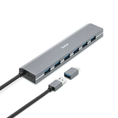 Image of Hama USB Hub 7 Ports A and C Port with Power Supply, 7x for Mouse, Keyboard, External Hard Drive, Flash etc., Aluminum Case, Adapter Office, Home Office