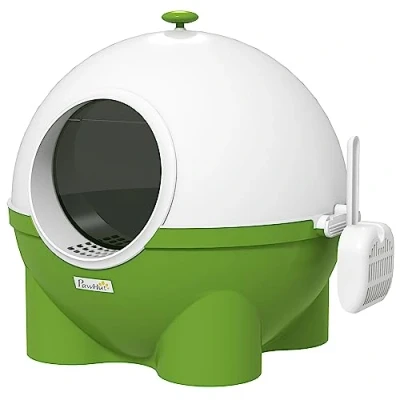Image of PawHut Large Cat Litter Box, Hooded Tray with Lid, Scoop, Top Handle, Front Entrance, 53 x 51 48cm Green