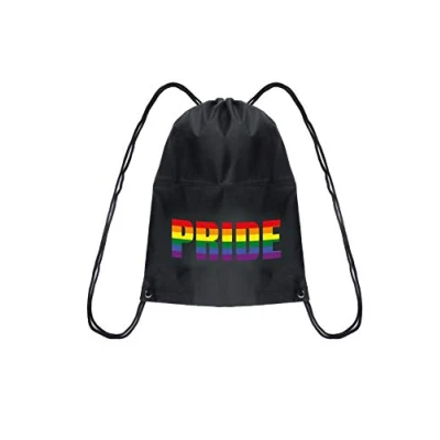 Image of HENBRANDT Rainbow Gay Pride Flag Drawstring Bag/School Bag Black with Text