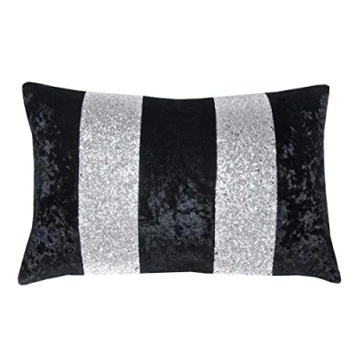 Image of Red Rainbow Luxury Crushed Velvet &amp; Silver Glitter Stripes Sparkle Cushion Cover (Black Silver, 12&quot; x 18&quot;)