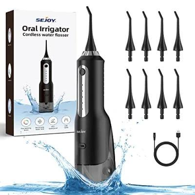 Image of Water Flosser for Teeth Cordless, Dental Cleaning Rechargeable Oral Irrigator Home Travel, IPX7 Waterproof 5 Modes 8 Jet Tips Family, Black