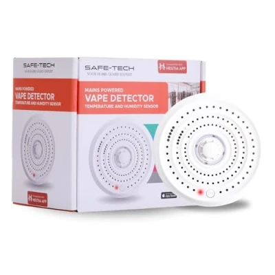 Image of SAFE TECH Wireless Smart Vape Detector, 3pin Plug Mains USB Powered With CO2 and Temperature Humidity, Detector for School, Toilet