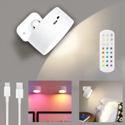 Image of Battery Operated Wall Light, Bedside LED Light with 16 RGB, Magnetic Sconce Touch &amp; Remote Control, 360 Rotatable Reading Dimmable for Bedroom, Lamp(White)