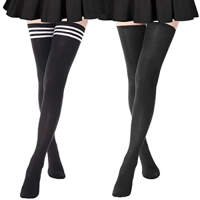 Image of DRESHOW 2 Pairs Extra Long Thigh High Socks Boot Stockings Striped Over Knee for Women Cotton Leg Warmers