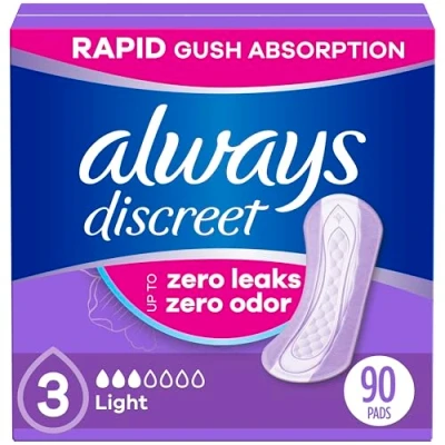 Image of Always Discreet Incontinence &amp; Postpartum Pads for Women, 90 Count, Light Absorbency (30 Pack of 3 Count Total)