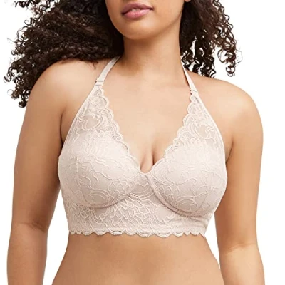 Image of Maidenform Women&#039;s Pure Comfort Wireless Lace Longline Bralette Convertible Bra, Sandshell Bloom Lace, 34A
